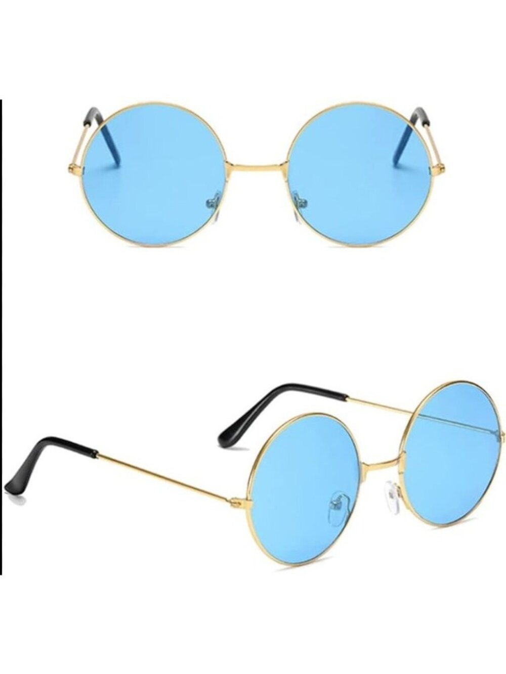 Retro Round Sunglasses With Gold Metal Frame & Light Blue Lenses